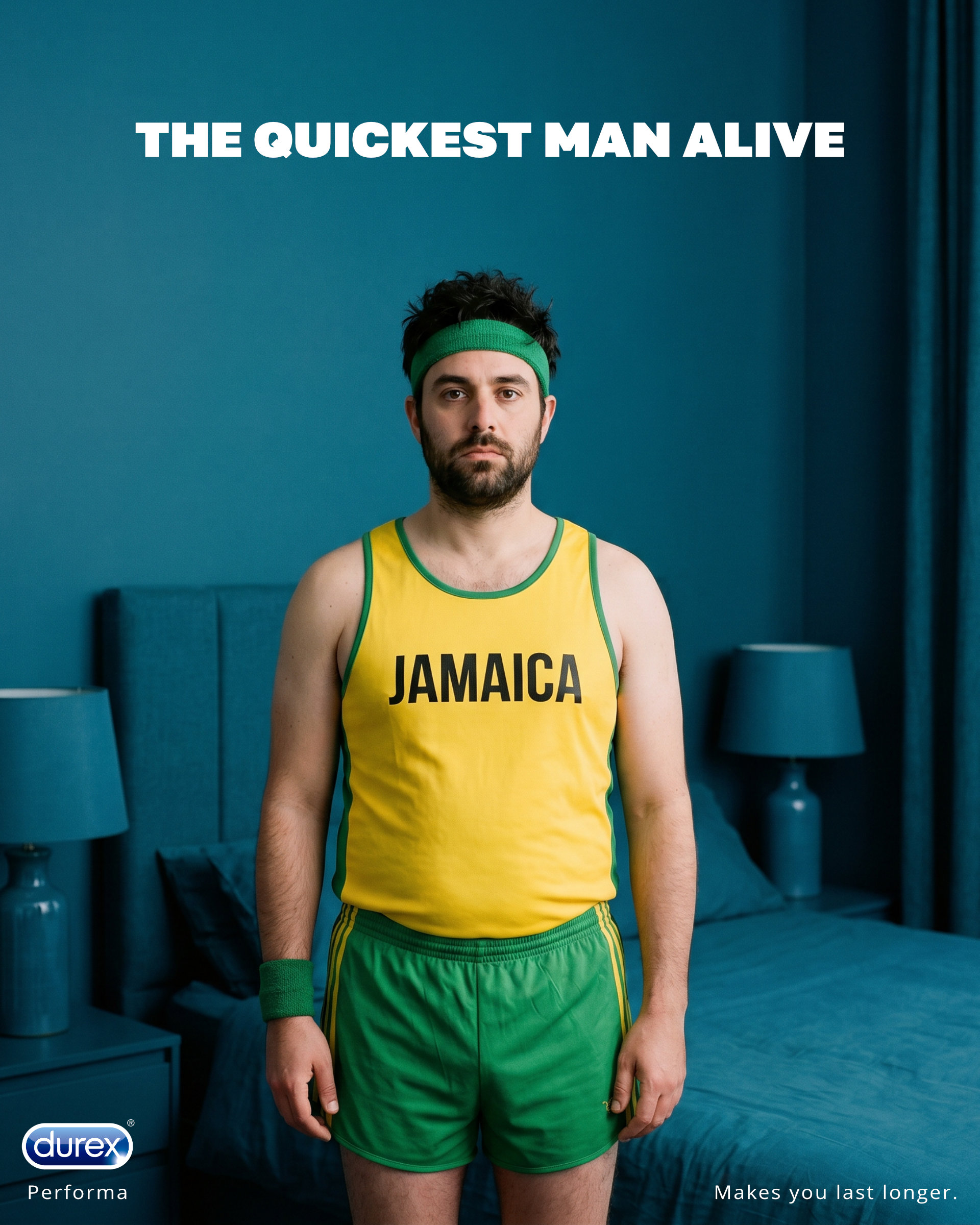 Man in Jamaican track uniform in bedroom with headline 'THE QUICKEST MAN ALIVE' and tagline 'Durex Performa. Makes you last longer.'
