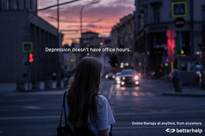 BetterHelp ad showing a young woman standing on a city street at sunset with headline 'Depression doesn't have office hours.' and tagline 'Online therapy at anytime, from anywhere. BetterHelp.'