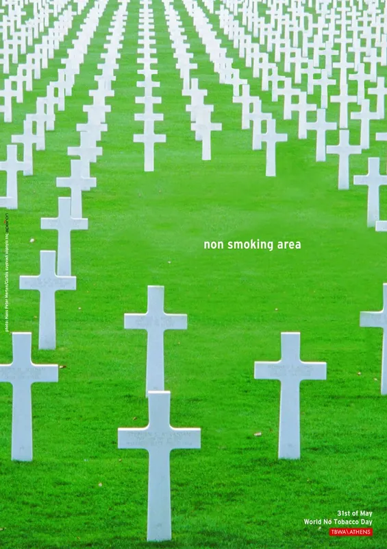 World No Tobacco Day ad: rows of white crosses in a military cemetery with the words 'non smoking area.'